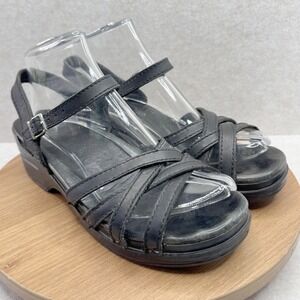 Dansko Black Leather Strappy Wedge Platform Sandals Women Size 40 10 well worn